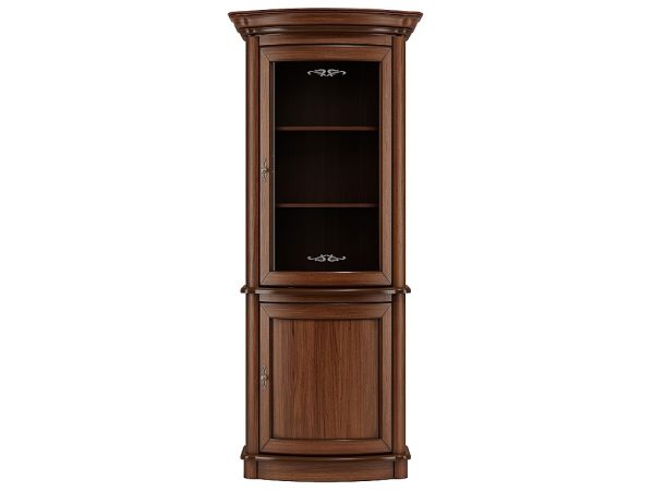 Drewniana witryna z przeszklonymi drzwiami i szufladami, styl klasyczny, ciemne drewno