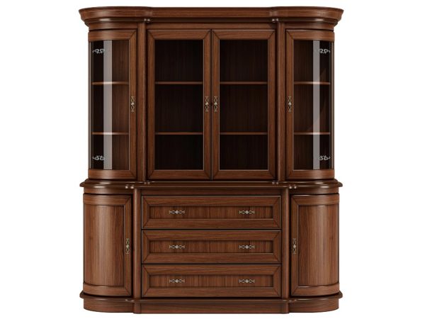 Drewniana witryna z przeszklonymi drzwiami i szufladami, styl klasyczny, ciemne drewno