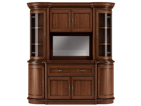 Drewniana witryna z przeszklonymi drzwiami i szufladami, styl klasyczny, ciemne drewno