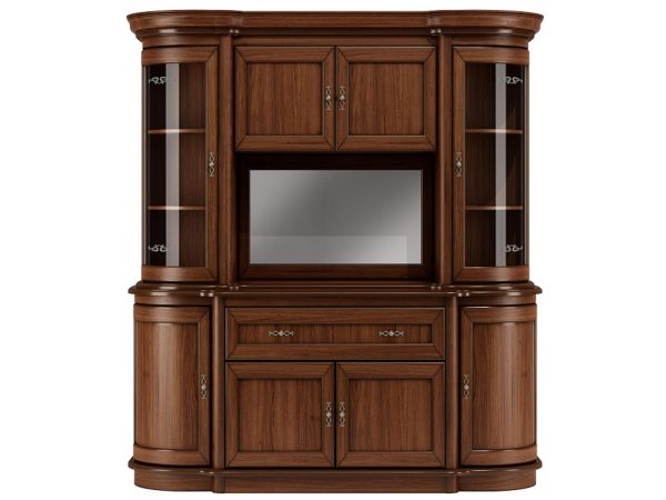 Drewniana witryna z przeszklonymi drzwiami i szufladami, styl klasyczny, ciemne drewno
