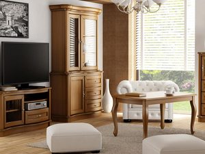 Miniaturka 8 - Drewniana witryna z rzeźbionymi detalami, przeszklonymi drzwiami i klasycznym wykończeniem do eleganckiego wnętrza