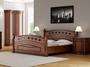 Miniaturka 3 - Drewniane łóżko z ozdobnym wezgłowiem i klasycznym wykończeniem do eleganckiej sypialni