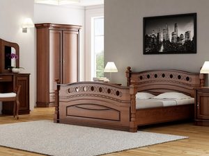 Miniaturka 4 - Drewniane łóżko z rzeźbionymi detalami i klasycznym wykończeniem do eleganckiej sypialni