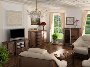 Miniaturka 3 - Klasyczny salon z drewnianymi meblami, rzeźbionymi detalami i eleganckimi uchwytami do stylowego wnętrza