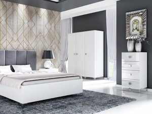 Miniaturka 1 - Nowoczesna sypialnia z białym tapicerowanym łóżkiem i pikowanym zagłówkiem, styl glamour