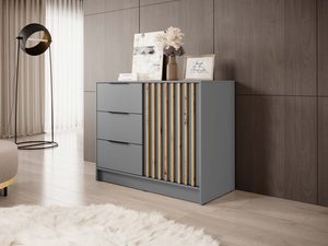 Miniaturka 6 - Nowoczesna komoda z szarymi frontami i drewnianymi panelami, styl loftowy