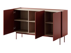 Miniaturka 3 - Czerwona komoda z otwartymi drzwiami i półkami, nowoczesny design
