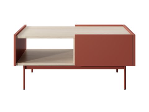 Nowoczesny stolik kawowy w kolorze czerwonym z metalowymi nogami