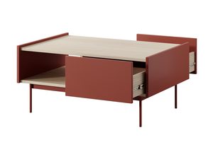 Miniaturka 3 - Czerwony stolik kawowy z otwartymi półkami i metalowymi nogami