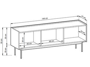 Miniaturka 11 - Rysunek techniczny szafki RTV z otwartymi półkami i metalowymi nogami