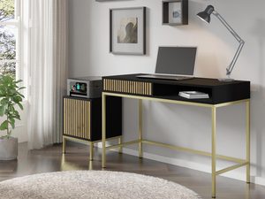 Miniaturka 3 - Nowoczesne czarne biurko z drewnianymi listwami, złote nóżki, styl industrialny