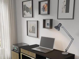 Miniaturka 5 - Nowoczesna czarna toaletka z drewnianymi frontami, złote nóżki, styl industrialny