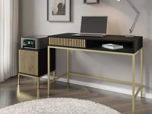Miniaturka 5 - Nowoczesne czarne biurko z drewnianymi listwami, złote nóżki, styl industrialny