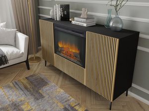Miniaturka 4 - Szafka RTV z kominkiem i drewnianymi frontami, styl loftowy