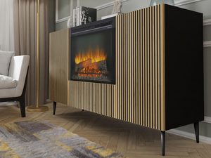 Miniaturka 5 - Nowoczesna czarna szafka RTV z kominkiem i drewnianymi frontami, styl loftowy