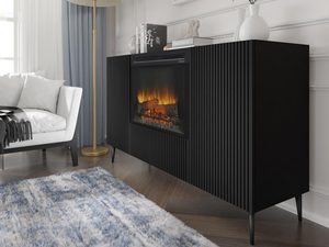 Miniaturka 11 - Nowoczesna czarna szafka RTV z frezowanymi frontami i kominkiem, styl industrialny