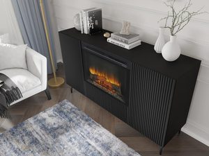 Miniaturka 12 - Przestronna czarna szafka RTV z frezowanymi frontami, kominek, styl loftowy