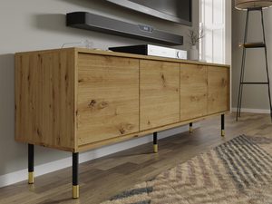 Miniaturka 10 - Drewniana szafka RTV z poziomym frezowaniem, złote nóżki, styl loftowy