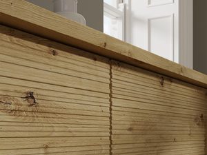 Miniaturka 11 - Detal drewnianej szafki RTV z poziomym frezowaniem, naturalne drewno