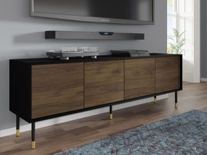 Miniaturka 3 - Ciemna szafka RTV z otwieranymi drzwiami, złote nóżki, styl industrialny