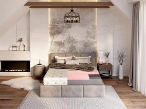 Miniaturka 1 - Nowoczesna sypialnia z łóżkiem tapicerowanym i pikowanym wezgłowiem kolor beżowy
