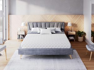 Miniaturka 1 - Nowoczesna sypialnia z szarym łóżkiem tapicerowanym i pikowanym wezgłowiem kolor szary