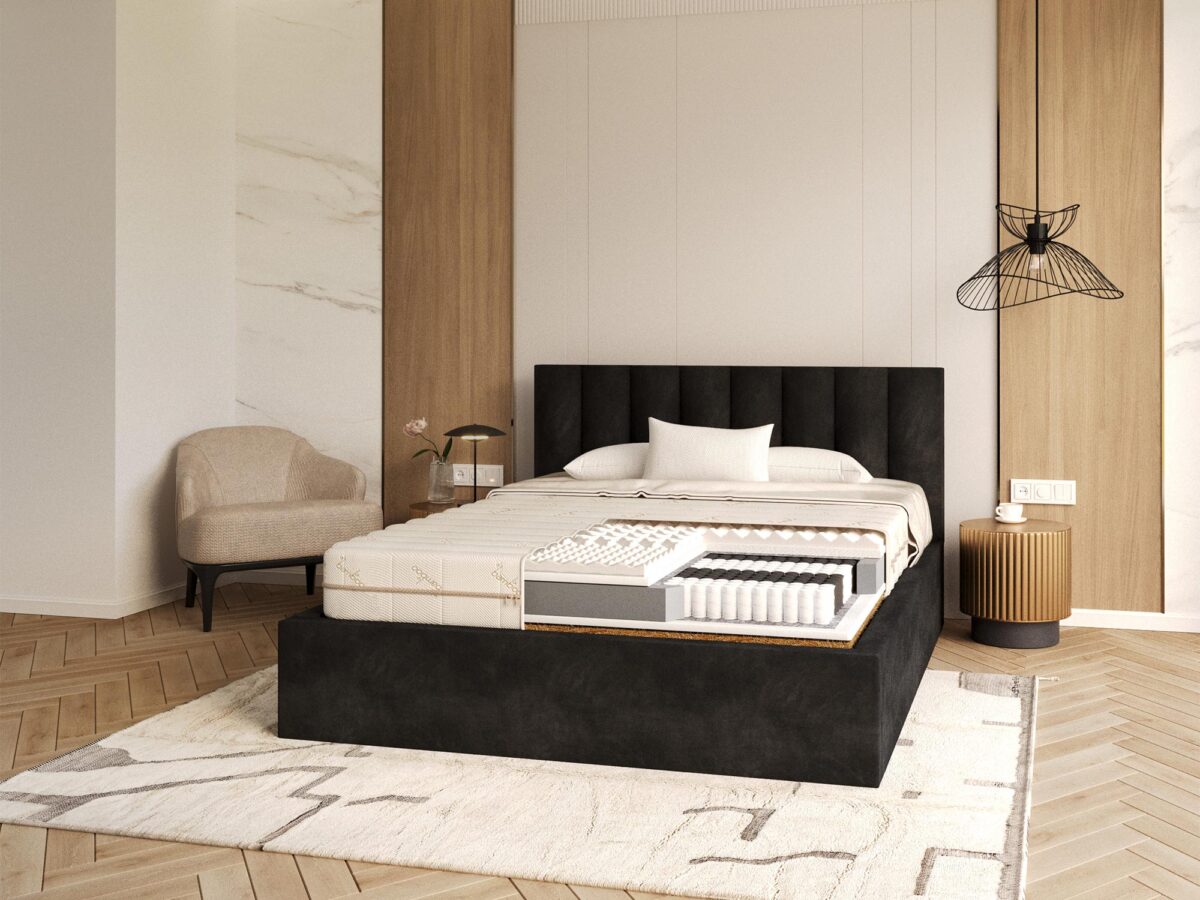 Nowoczesna sypialnia z łóżkiem tapicerowanym i pikowanym wezgłowiem kolor czarny