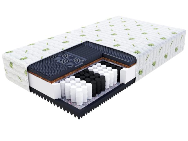 Przekrój materaca z pianką HR i sprężynami kieszeniowymi kolor biały i czarny