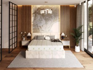 Miniaturka 3 - Nowoczesna sypialnia z łóżkiem tapicerowanym i pikowanym wezgłowiem kolor beżowy