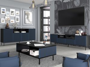 Miniaturka 19 - Szafka RTV z pionowymi listwami w granatowym kolorze, czarne nóżki, styl industrialny