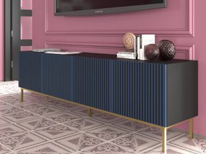 Miniaturka 17 - Granatowa szafka RTV z pionowymi listwami, różowe tło, styl glamour