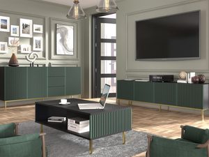 Miniaturka 11 - Przestronna czarna ława z pionowymi listwami zielonymi, styl loftowy w salonie