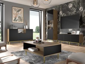 Miniaturka 11 - Zestaw mebli z czarnym elementem z pionowymi listwami i złotymi nóżkami