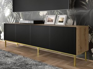 Miniaturka 11 - Szafka RTV w kolorze czarno-dębowym z frezowaniami i nóżkami złotymi
