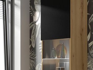 Miniaturka 10 - Witryna z naturalnym wykończeniem, czarne listwy, szklane drzwi, czarne nóżki, styl loftow