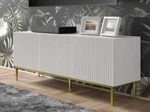 Miniaturka 5 - Szafka RTV biała, złote nóżki - Jasne wykończenie, luksusowe akcenty, minimalistyczny design.