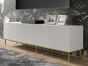 Miniaturka 5 - Szafka RTV z białymi frontami i złotymi nóżkami - Jasne wykończenie, luksusowy akcent, minimalistyczny design.