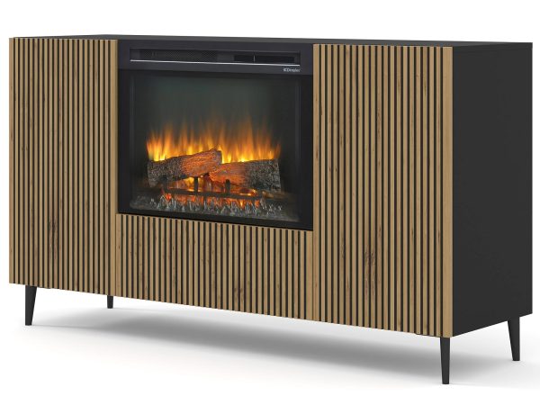 Szafka RTV z kominkiem i drewnianymi frontami, styl nowoczesny