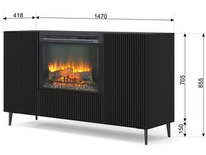 Miniaturka 14 - Nowoczesna czarna szafka RTV z frezowanymi frontami, kominek, styl loftowy z wymiarami