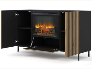 Miniaturka 2 - Przestronna czarna szafka RTV z frezowanymi frontami, kominek, styl loftowy