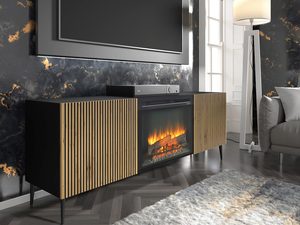 Miniaturka 3 - Szafka RTV z kominkiem i drewnianymi frontami, styl industrialny