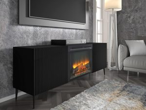 Miniaturka 10 - Czarna szafka RTV z frezowanymi frontami i kominkiem, styl nowoczesny