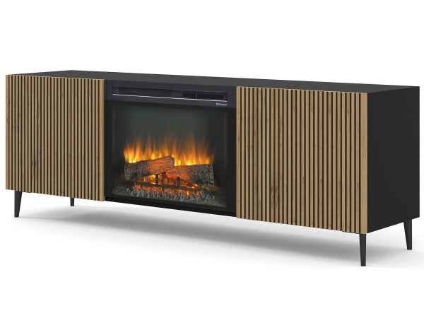 Przestronna szafka RTV z kominkiem, drewniane fronty, styl loftowy