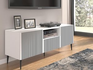 Miniaturka 9 - Biała szafka RTV z pionowymi listwami, czarne nóżki, styl minimalistyczny