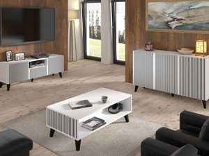 Miniaturka 5 - Nowoczesna biała komoda z pionowymi listwami, otwierane drzwi, styl minimalistyczny