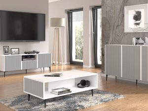 Miniaturka 11 - Nowoczesna biała szafka RTV z pionowymi listwami, czarne nóżki, styl skandynawski