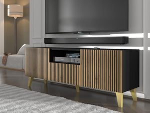 Miniaturka 14 - Drewniana szafka RTV z czarnymi pionowymi listwami, złote nóżki, styl industrialny