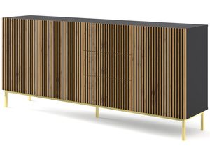 Miniaturka 1 - Nowoczesna komoda z pionowymi listwami i drewnianymi frontami, złote nóżki, styl loftowy
