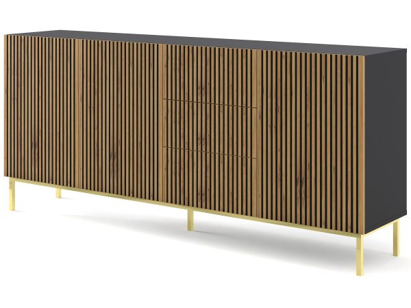 Nowoczesna komoda z pionowymi listwami i drewnianymi frontami, złote nóżki, styl loftowy