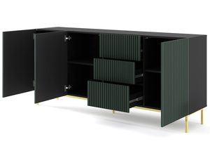 Miniaturka 13 - Przestronna czarna komoda z pionowymi listwami zielonymi, , złote nóżki, styl industrialny